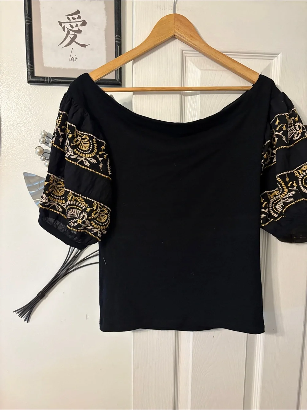 Free People Black Off-Shoulder Top with Gold Embroidered Puff Sleeves